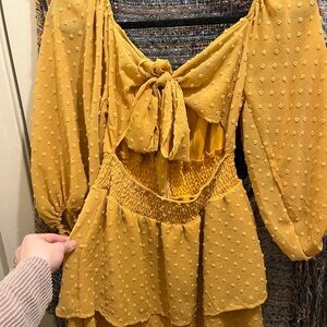 Peach Love from Gliks - Gold/Yellow, Swiss Dot, A-line Open Back Long Sleeves